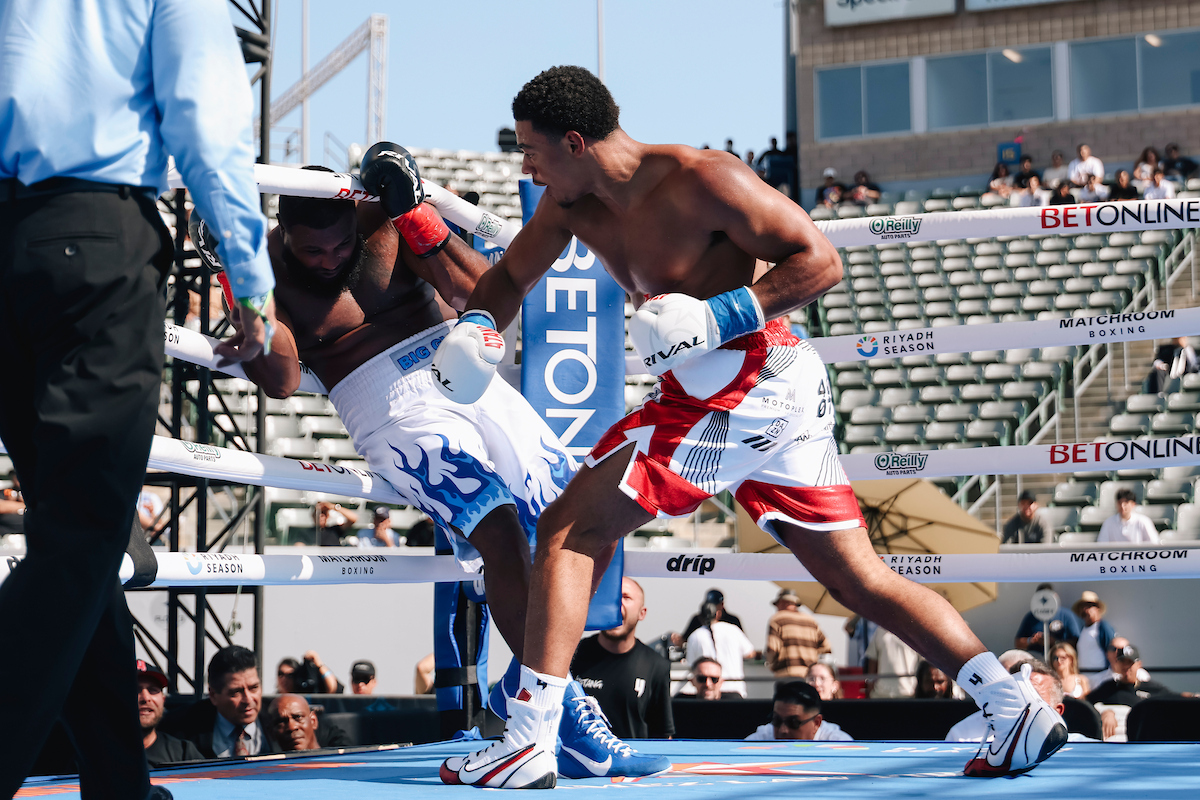 Leo Atang needed just two rounds to stop Glen Williams in his American debut. Photo: Zachariah Delgado, Matchroom Boxing Diego Pacheco