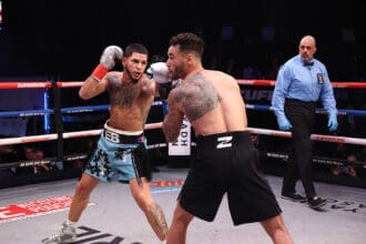 Edgar Berlanga and Steven Butler delivered an entertaining scrap, with Berlanga stopping Butler in seven rounds at the Infosys Theater at Madison Square Garden Sunday. Photo: Ed Mulholland, Zuffa Boxing 09