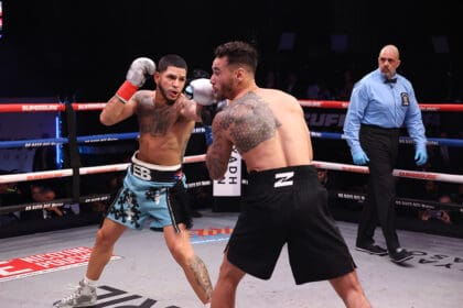 Edgar Berlanga and Steven Butler delivered an entertaining scrap, with Berlanga stopping Butler in seven rounds at the Infosys Theater at Madison Square Garden Sunday. Photo: Ed Mulholland, Zuffa Boxing 09