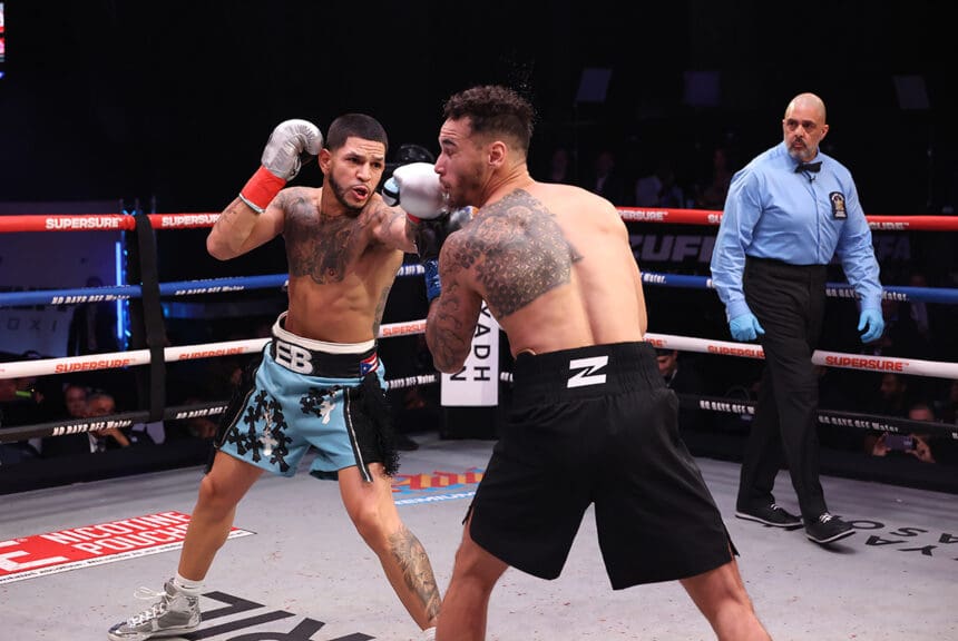 Edgar Berlanga and Steven Butler delivered an entertaining scrap, with Berlanga stopping Butler in seven rounds at the Infosys Theater at Madison Square Garden Sunday. Photo: Ed Mulholland, Zuffa Boxing 09
