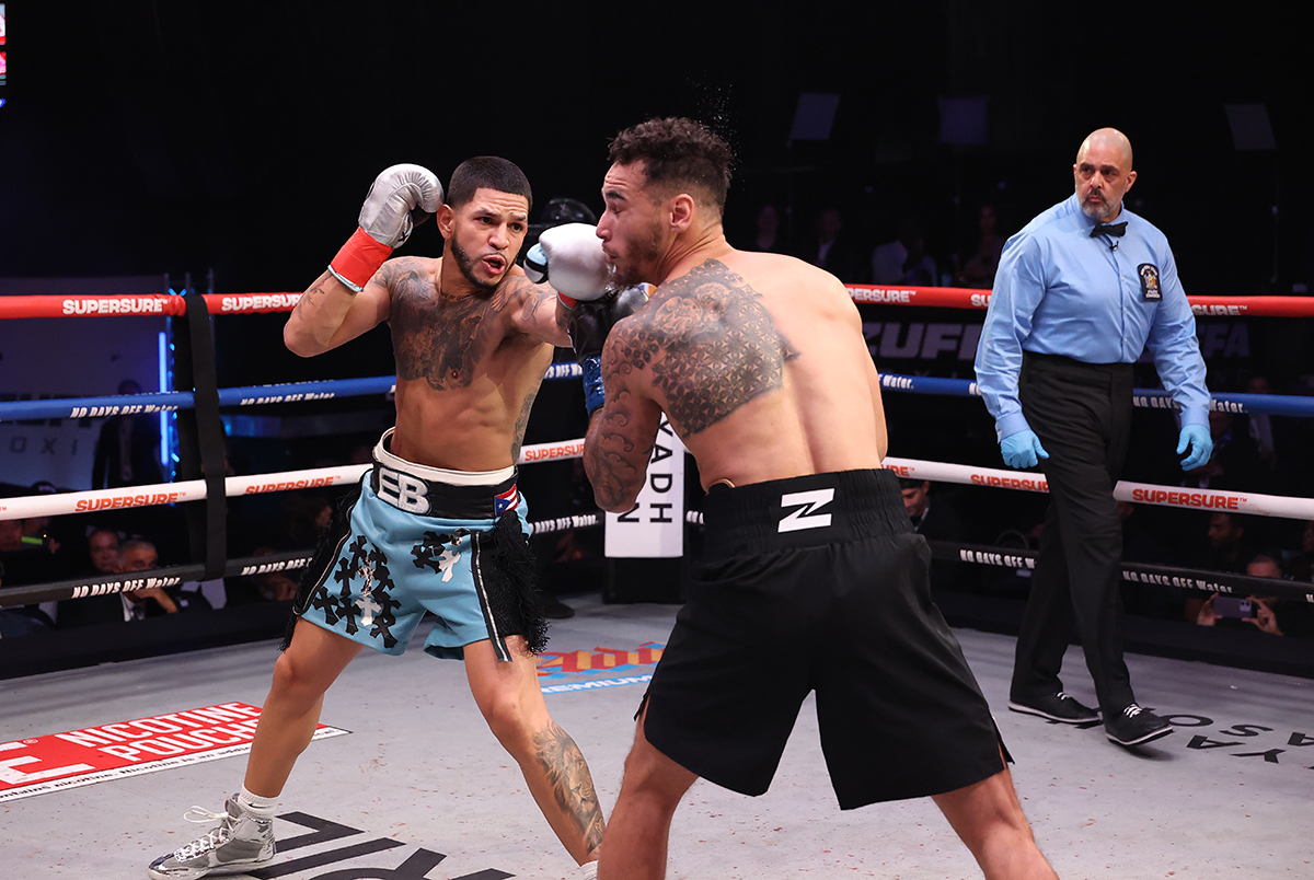 Edgar Berlanga and Steven Butler delivered an entertaining scrap, with Berlanga stopping Butler in seven rounds at the Infosys Theater at Madison Square Garden Sunday. Photo: Ed Mulholland, Zuffa Boxing 09