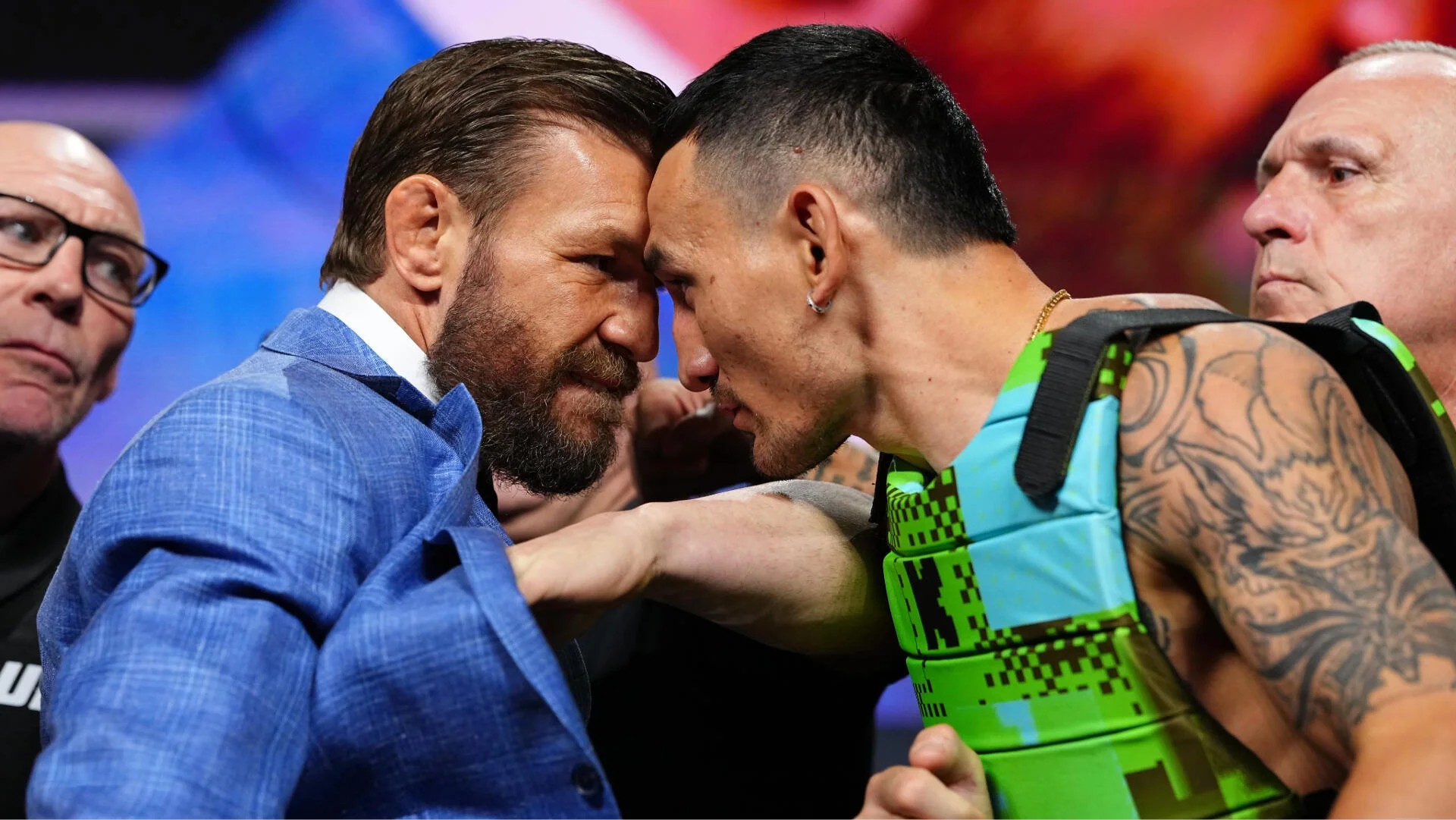 Conor McGregor and Max Holloway at UFC 329 presser