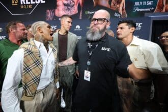 Ryan Garcia and Conor Benn appeared last Friday at the UFC 329 weigh-in, but the official fight announcement was postponed until July 15. Photo: UFC/Zuffa