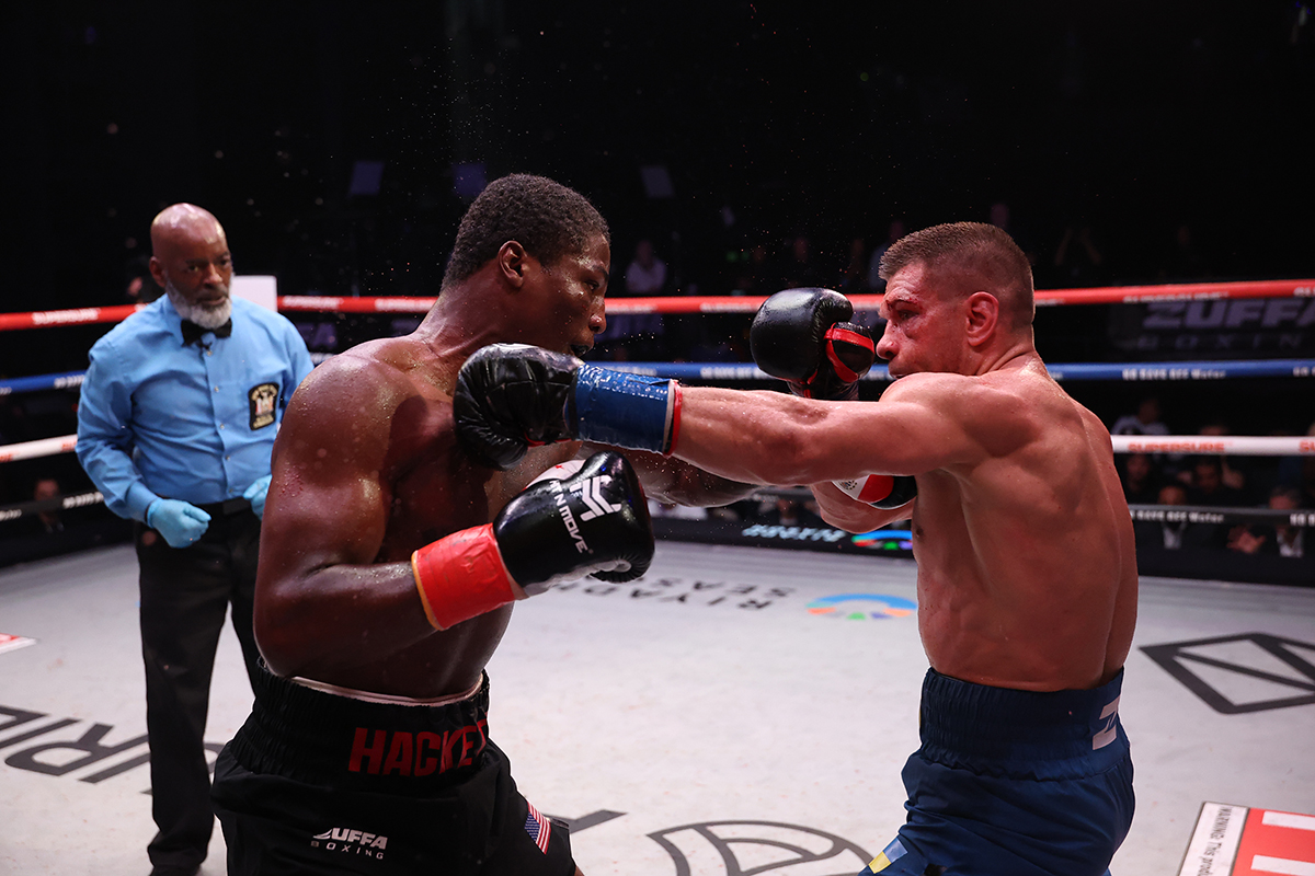 Jalil Hackett passed his step-up test, getting the determined performance fans expect from veteran Sergiy Derevyanchenko. Photo: Ed Mulholland, Zuffa Boxing 09