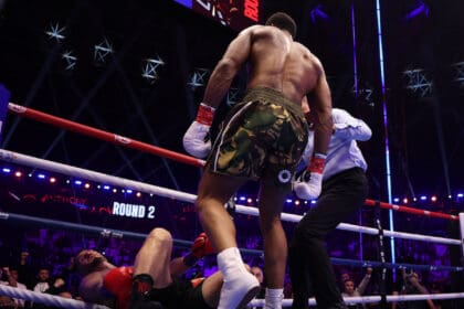 Anthony Joshua staged a quick comeback win over Kristian Prenga after being knocked down twice in the first round Saturday in Jeddah, Saudi Arabia. Photo: Mark Robinson, Matchroom Boxing