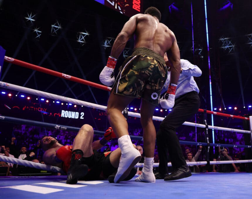Anthony Joshua staged a quick comeback win over Kristian Prenga after being knocked down twice in the first round Saturday in Jeddah, Saudi Arabia. Photo: Mark Robinson, Matchroom Boxing