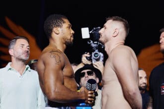 Anthony Joshua and Kristian Prenga in their final faceoff at Friday's weigh-in ahead of their heavyweight fight, Photo: Mark Robinson, Matchroom Boxing