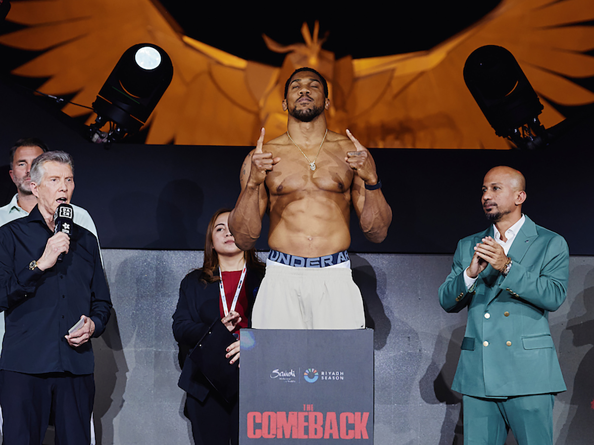 Anthony Joshua on the scale Friday in Jeddah, Saudi Arabia. Photo: Mark Robinson, Matchroom Boxing