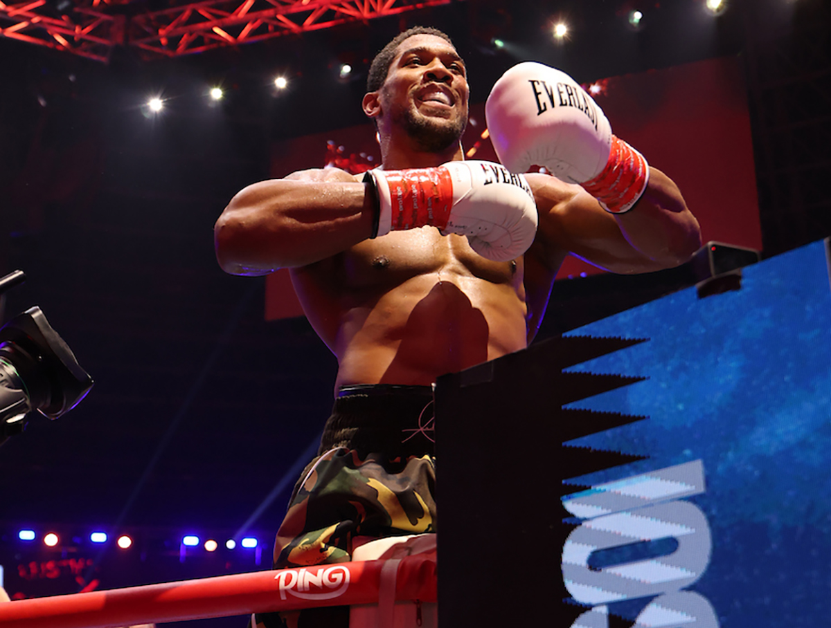 Anthony Joshua celebrates his knockout win over Kristian Prenga. Photo: Mark Robinson, Matchroom Boxing