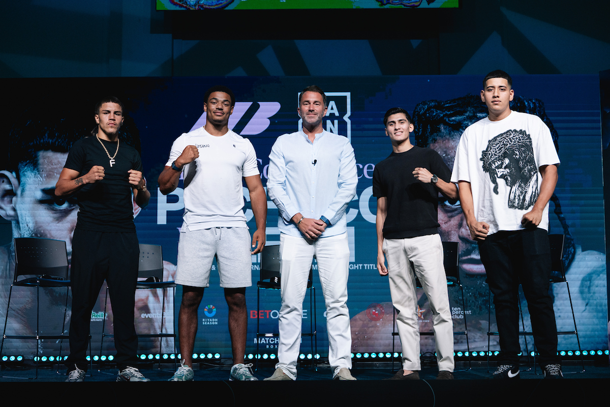 The heavyweights as part of the before the bell lineup at the War Grounds on Saturday including Leo Atang and Federico Pacheco. Photo: Zacharias Delgado, Matchroom Boxing Diego Pacheco War Grounds