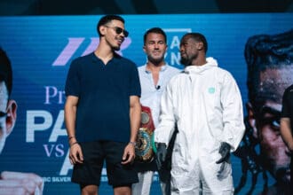 Diego Pacheco and Immanuwel Aleem face off after their main event news conference on Thursday in Los Angeles. Hat tip to Aleem for the Breaking Bad look. Photo: Zacharias Delgado, Matchroom Boxing