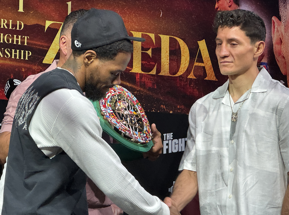 William Zepeda shakes hands with his opponent Lamont Roach Jr. after meeting in person for the first time on Thursday. Photo: Gayle Falkenthal for NY Fights