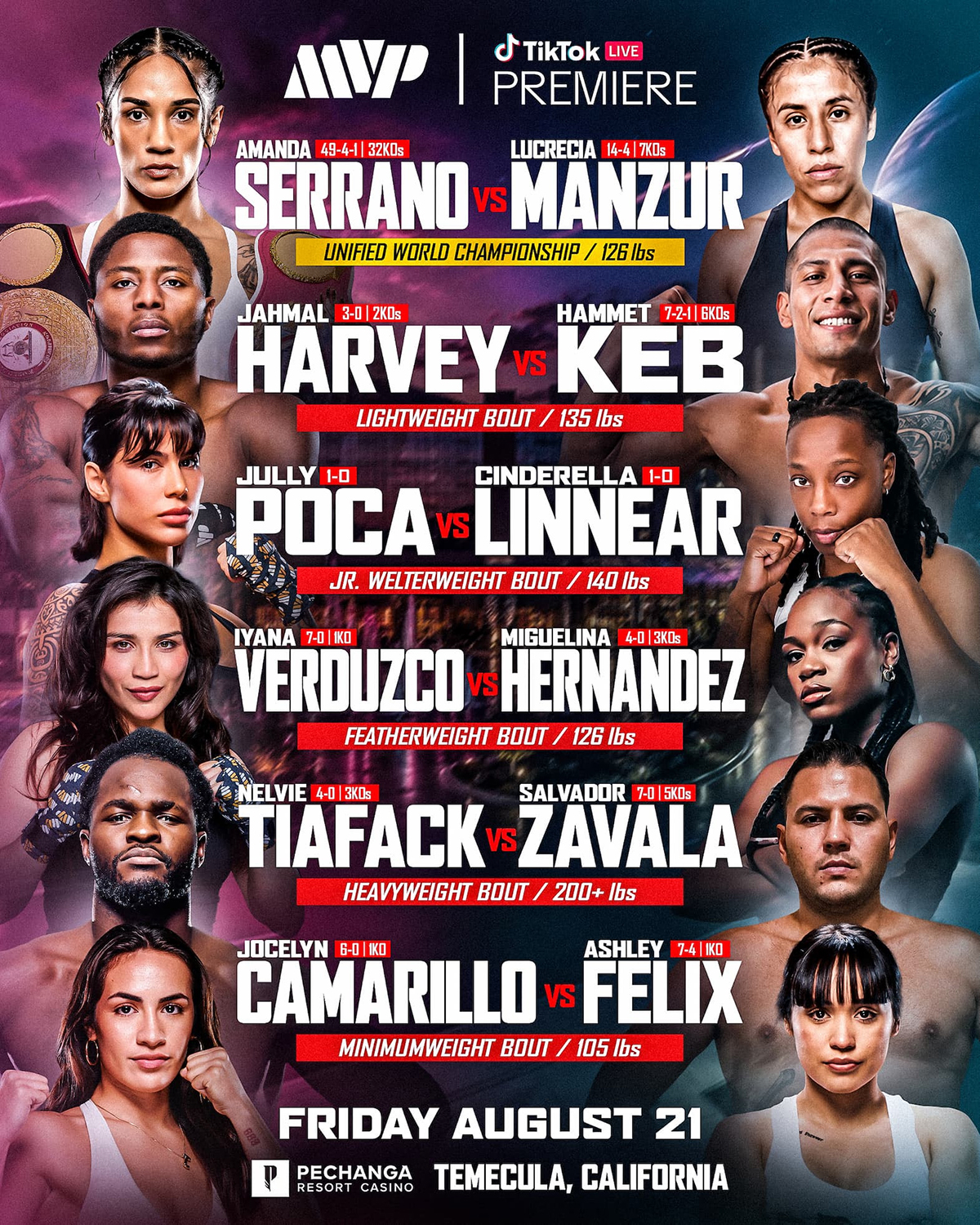 The full fight lineup for Serrano vs Manzur on TikTok LIVE on August 21. Amanda Serrano