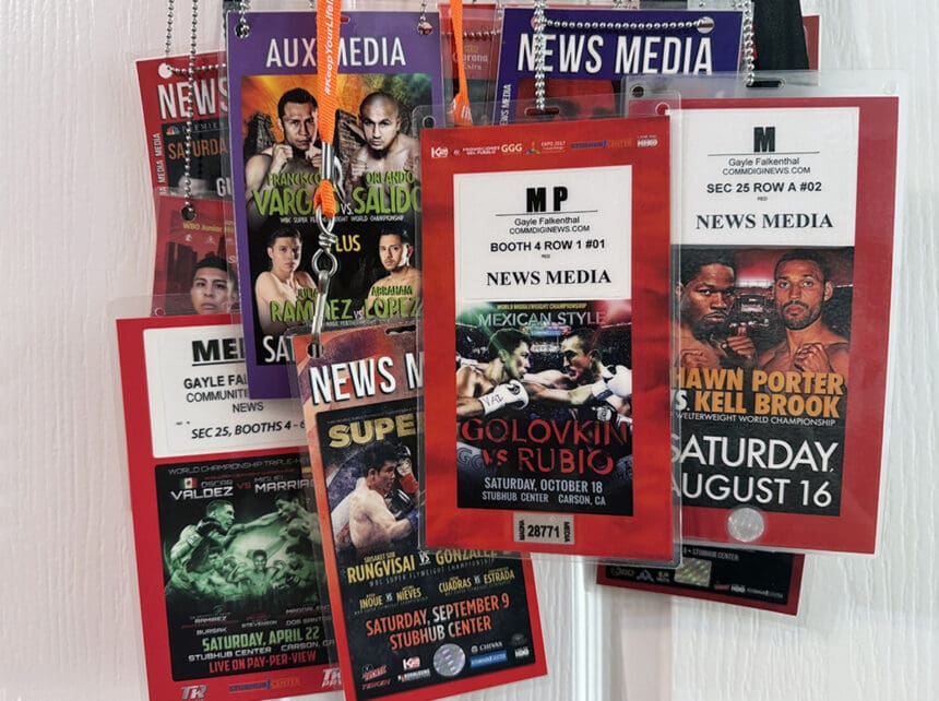 A handful of credentials for the many fight cards I've attended at the War Grounds in Carson, California. Photo: Gayle Falkenthal