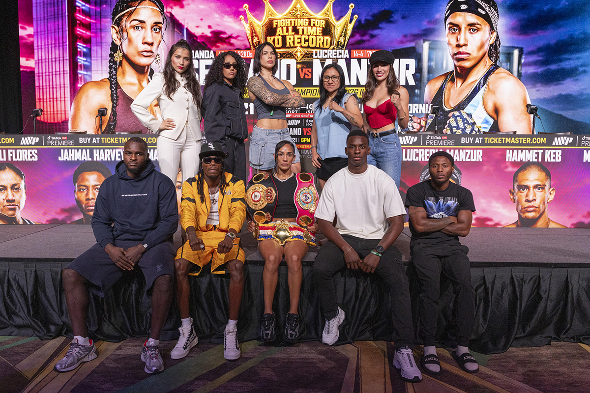 Amanda Serrano with the Most Valuable Promotions stable of undercard fighters appearing on Friday's card. Photo: Most Valuable Promotions