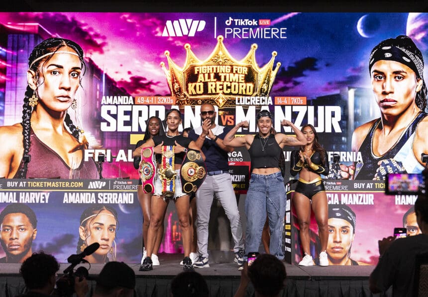 Amanda Serrano will attempt to break then all-time women's knockout record against Lucrecia Manzur Friday in Temecula, airing live on TikTok. Photo: Most Valuable Promotions