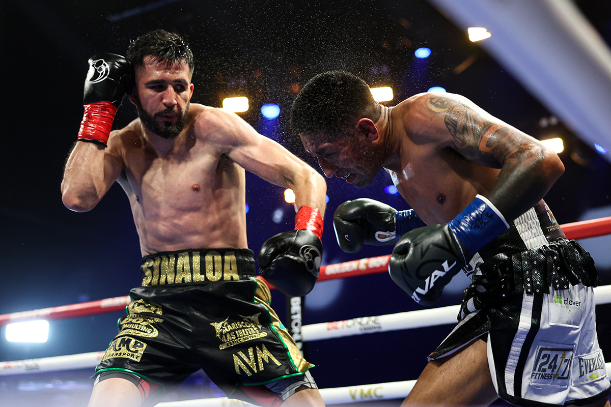 Joel Iriarte hit Jorge Lagunas of Tijuana with everything he had, including wicked thumping body shots. Photo: Cris Esqueda, Golden Boy Boxing undercard