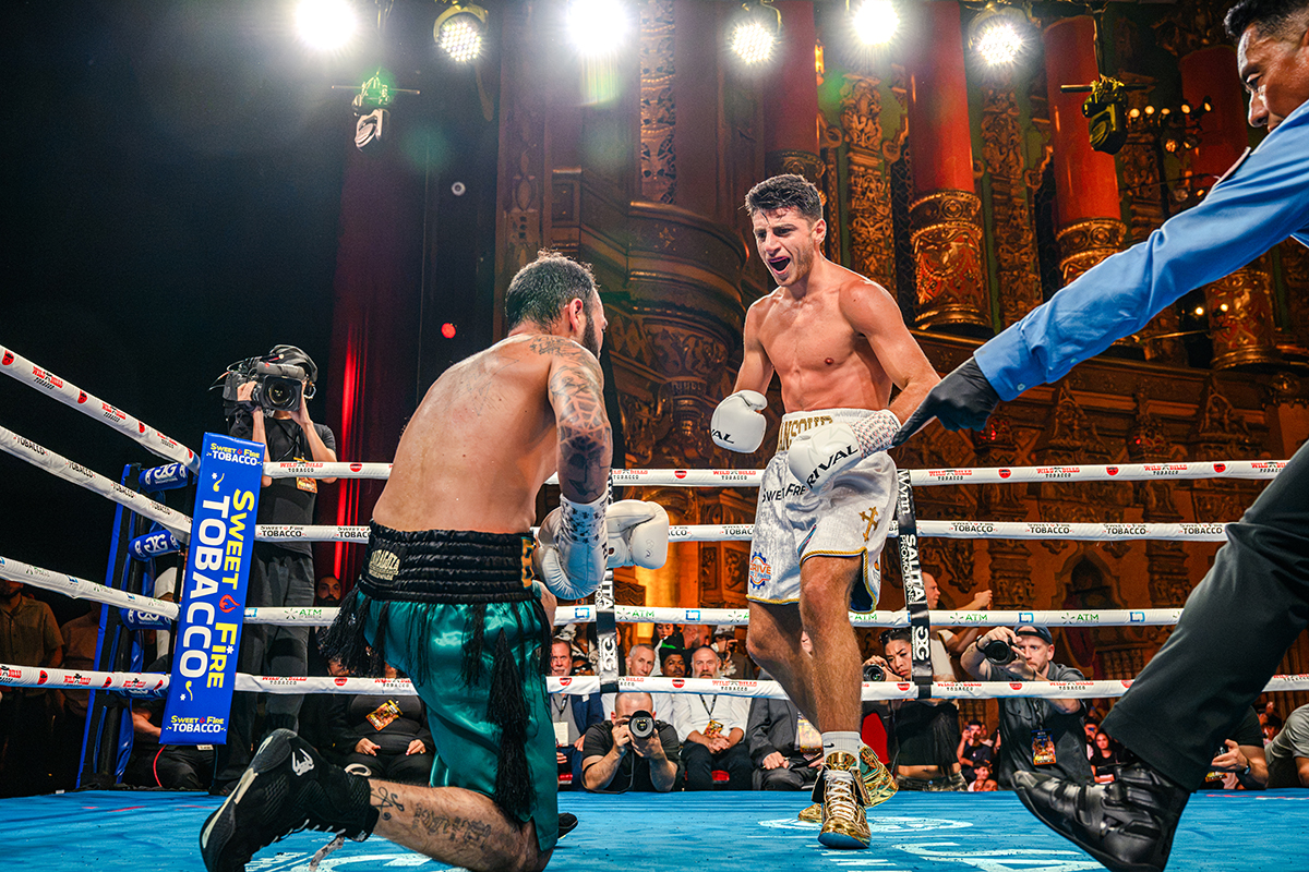Jonny Mansour fired up the many Chaldean fans in the Fox Theatre with his second round TKO win. Photo: Andrew Potter, Salita Promotions