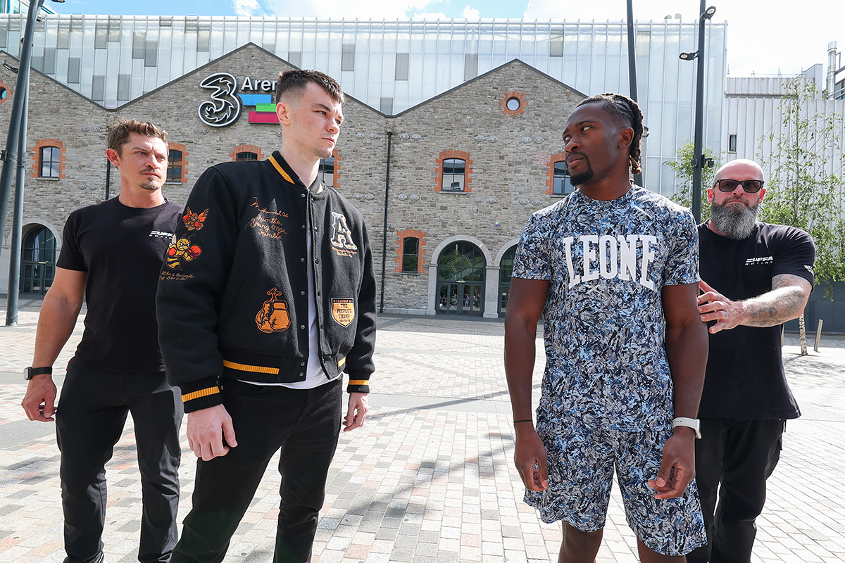 Aaron McKenna and Etinosa Oliha have a tense meeting this week outside the 3Arena in Dublin. The two will meet in the main event of Zuffa Boxing 10 on Saturday August 8. Photo: Ed Mulholland, Zuffa Boxing