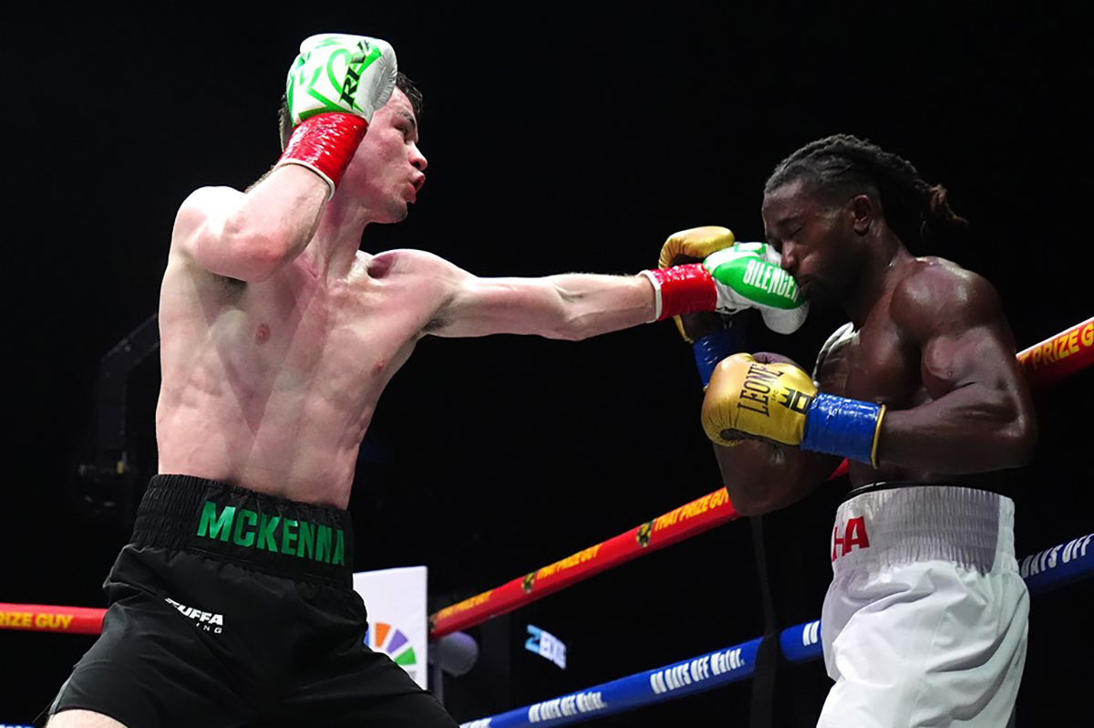 Aaron McKenna took control of the fight against a determined but outclassed Etinosa Oliha. Photo: Zuffa Boxing 10