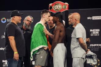 Aaron McKenna and Etinosa Oliha face-off ahead of Zuffa Boxing 10 at the 3Arena in Dublin, Ireland. Photo: Ed Mulholland/Zuffa Boxing