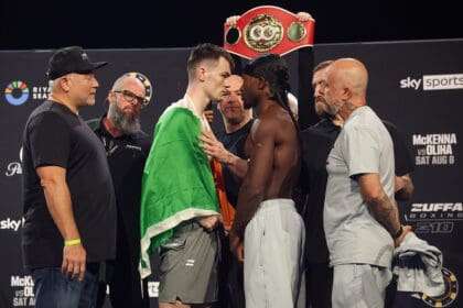 Aaron McKenna and Etinosa Oliha face-off ahead of Zuffa Boxing 10 at the 3Arena in Dublin, Ireland. Photo: Ed Mulholland/Zuffa Boxing