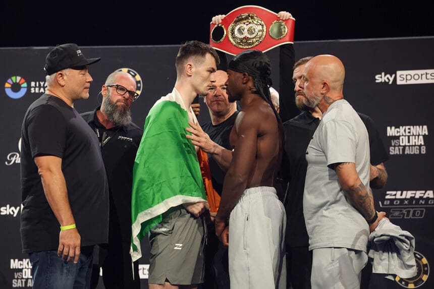 Aaron McKenna and Etinosa Oliha face-off ahead of Zuffa Boxing 10 at the 3Arena in Dublin, Ireland. Photo: Ed Mulholland/Zuffa Boxing