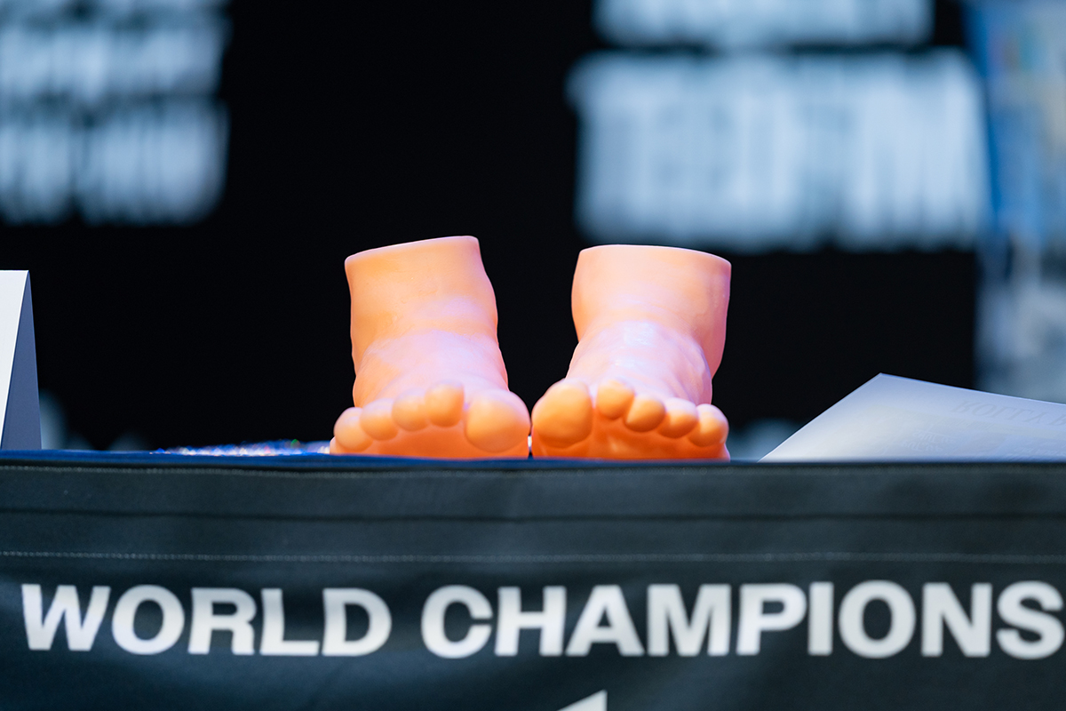 Wacky props including these feet were involved at the announcement news conference. No telling what fans might see during Rolly vs Teofimo Fight Week. Photo: Ryan Hafey, Premier Boxing Champions