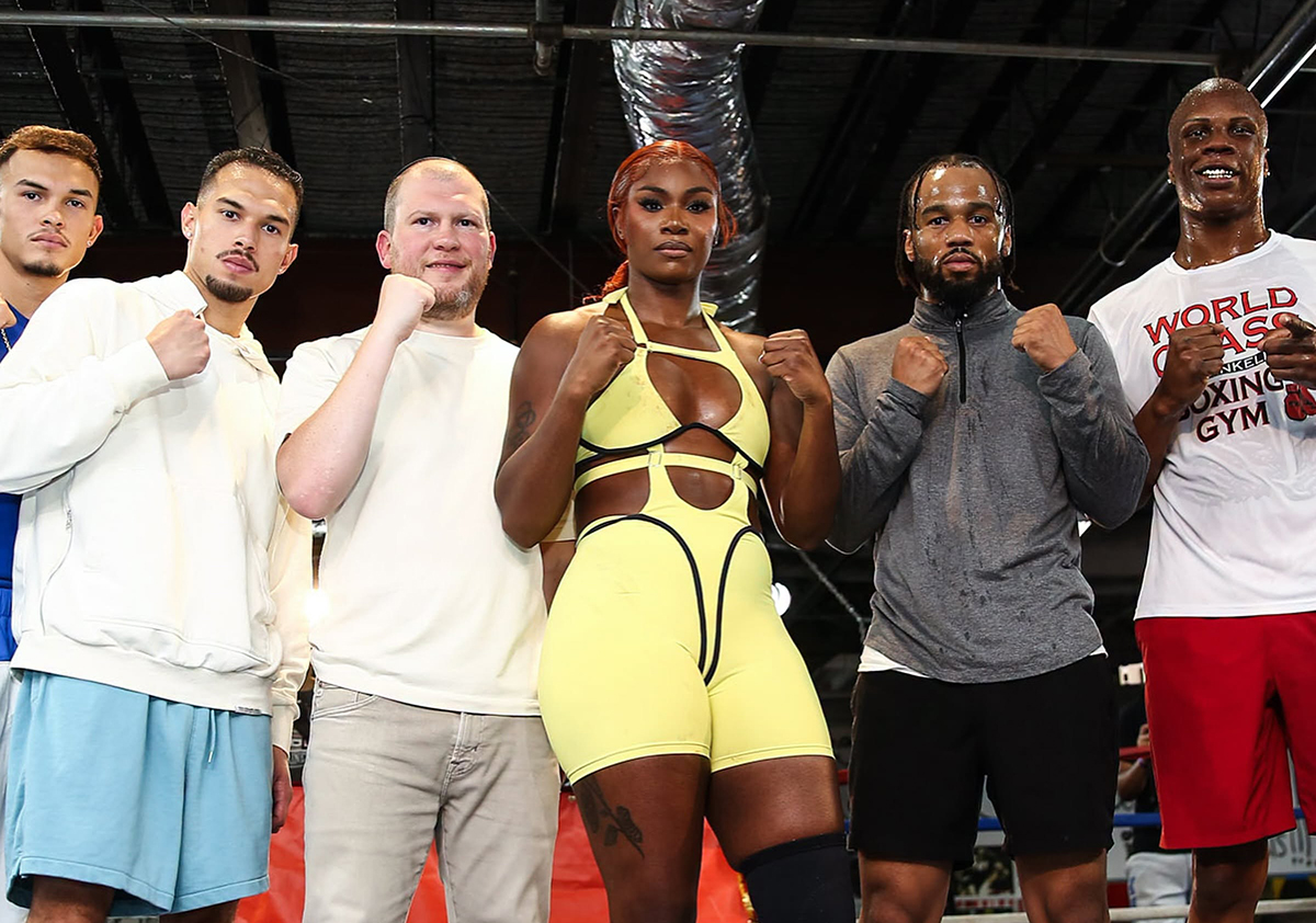 Undercard fighters post with Claressa Shields and promoter Dmitry Salita at this week's media workout (L to R): Daniel Mercado, Tito Mercado, Salita, Shields, Troy Isley, Atif Oberlton. Photo: Salita Promotions
