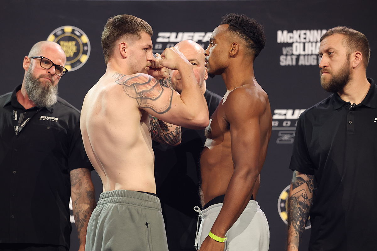 Callum Walsh and Tyler Denny face-off at the ceremonial weigh-in for Zuffa Boxing 10 on Friday at the 3Arena in Dublin, Ireland. Photo: Ed Mulholland, Zuffa Boxing