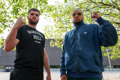 Johnny Fisher and Michael Pirotton pose outside the Copper Box Arena in London where they will battle on Saturday. Photo: Ed Mulholland/Zuffa Boxing/Zuffa Boxing via Getty Images