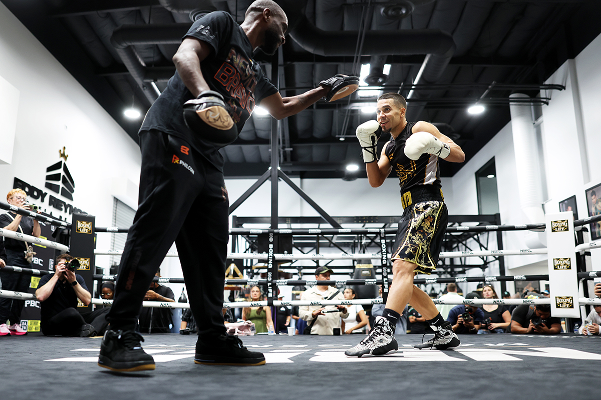 Nestor Bravo working with coach Angus Marksman, who also trains his son, lightweight prospect Corey Marksman. Photo: Cris Esqueda, Premier Boxing Champions