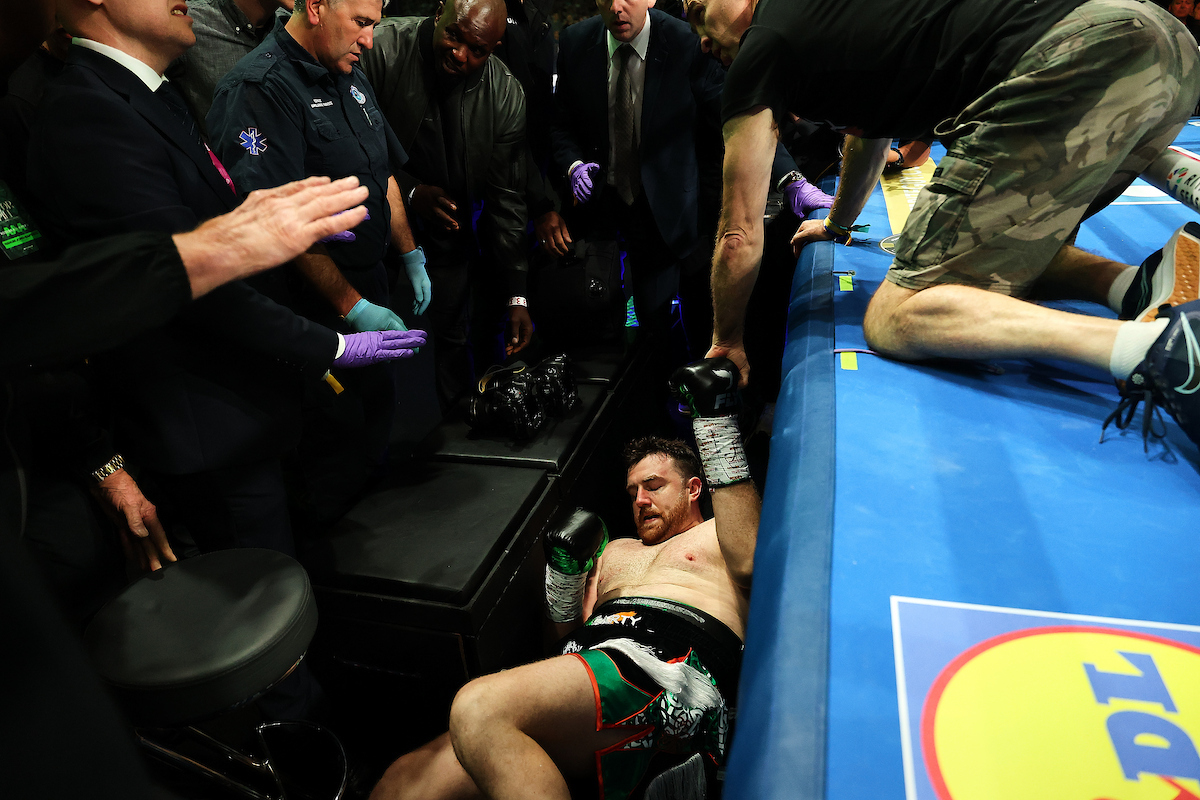 Thomas Carty certainly never imagined he'd end up on the floor of Croke Park Saturday night. Photo: Mark Robinson, Matchroom Boxing