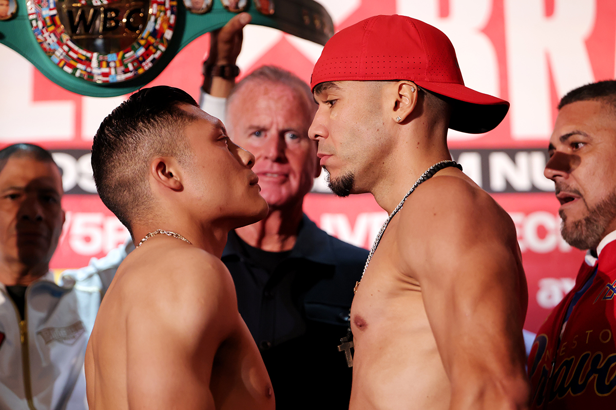 Pitbull Cruz and Nestor Bravo faceoff at the weigh-in Friday in San Diego, putting their height difference on display. Photo: Premier Boxing Champions