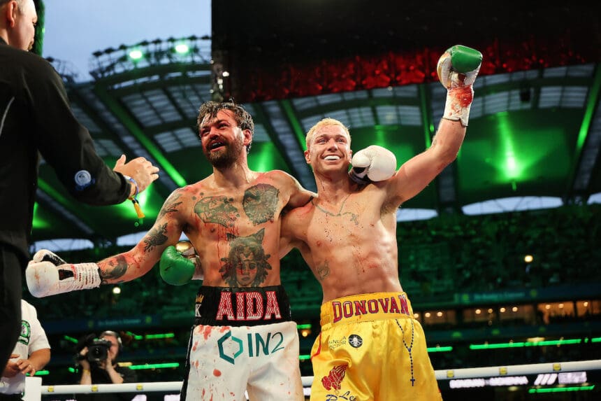 Although there were winners and losers, nearly every fighter on the card including friends Paddy Donovan and Tyrone McKenna were all smiles at Croke Park on Saturday. Photo: Mark Robinson, Matchroom Boxing