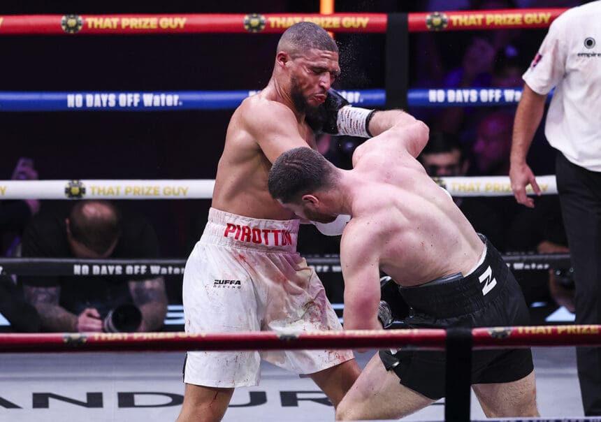 After a bloody brawl for ten rounds, Johnny Fisher got by Michael Pirotton by majority decision at Copper Box Arena on Saturday. Photo: Mark Robinson/Zuffa Boxing via Getty Images