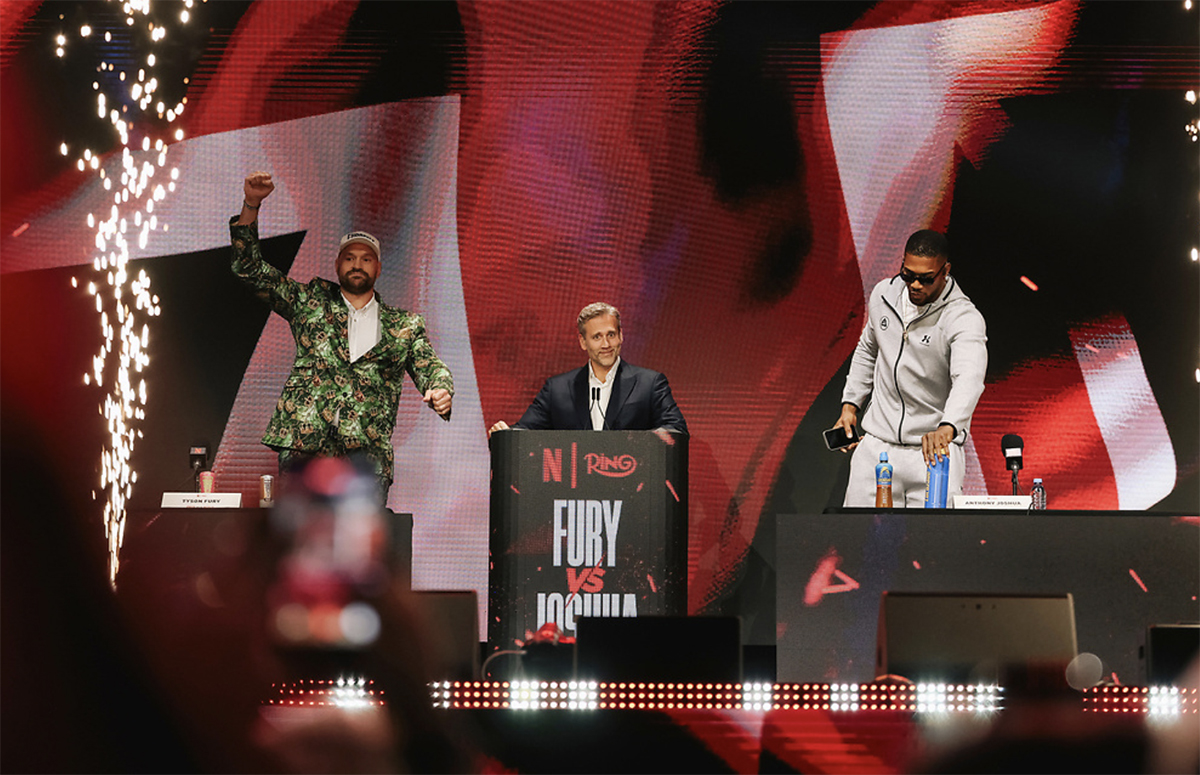 On stage Wednesday: Tyson, Max, AJ, Eddie. No Dana. Photo: Zacharias Delgado, Matchroom Boxing Fury vs Joshua