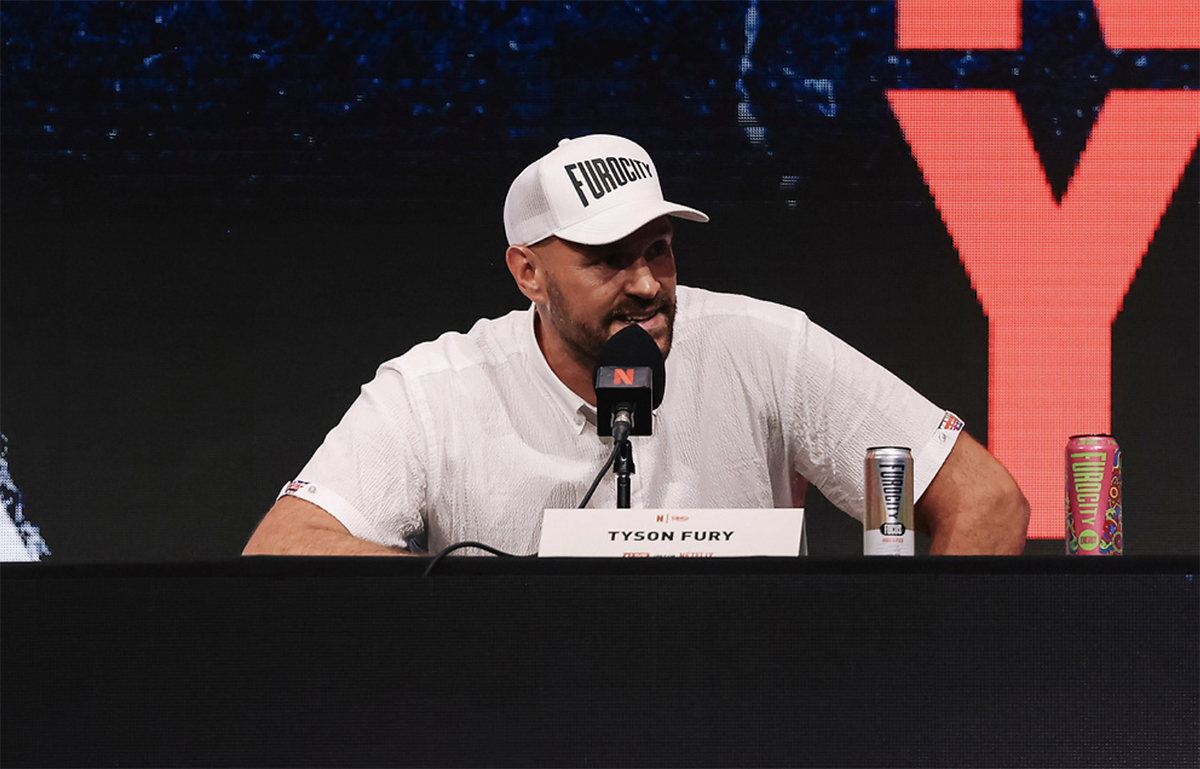 Tyson Fury was in good spirits as he talked up the fight as only The Gypsy King can. Photo: Zacharias Delgado, Matchroom Boxing