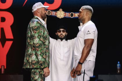 Tyson Fury and Anthony Joshua have their first faceoff Wednesday in London, with Turki Alalshihk holding the RING Magazine belt. Photo: Zacharias Delgado, Matchroom Boxing