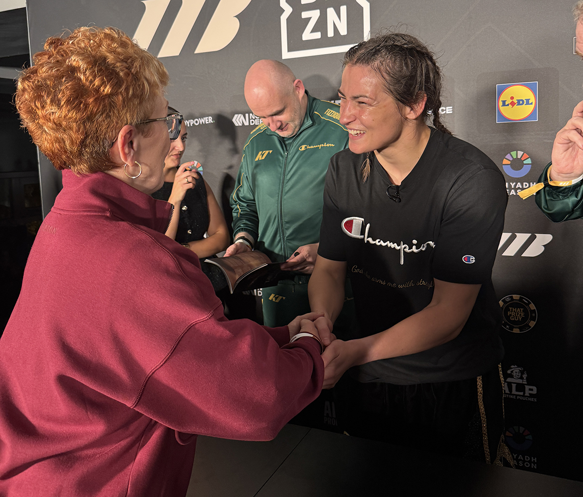 Gayle Falkenthal congratulates Katie Taylor on his career achievements in Dublin after her final fight. 