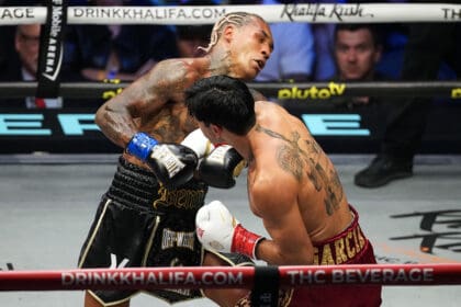 Ryan Garcia places a perfect right hook on Conor Benn, scoring a knockdown leading to a TKO2 win. Photo: Al Powers/Zuffa Boxing via Getty Images