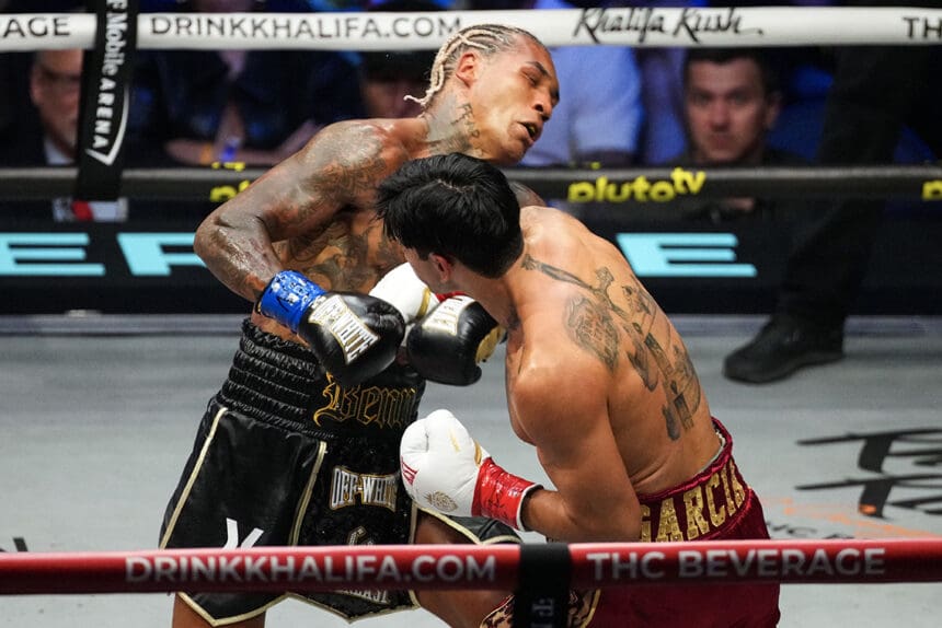 Ryan Garcia places a perfect right hook on Conor Benn, scoring a knockdown leading to a TKO2 win. Photo: Al Powers/Zuffa Boxing via Getty Images