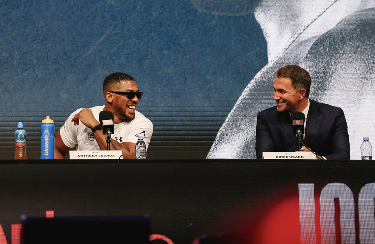 Anthony Joshua and Eddie Hearn were all smiles Wednesday. Photo: Zacharias Delgado, Matchroom Boxing Fury vs Joshua
