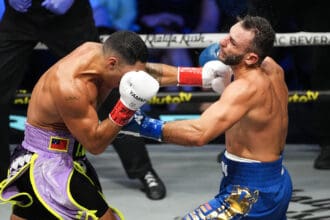 Jai Opetaia became the first opponent to stop Noel Mikaelian, setting up a unification fight with David Benavidez. Photo: Al Powers/Zuffa Boxing via Getty Images.