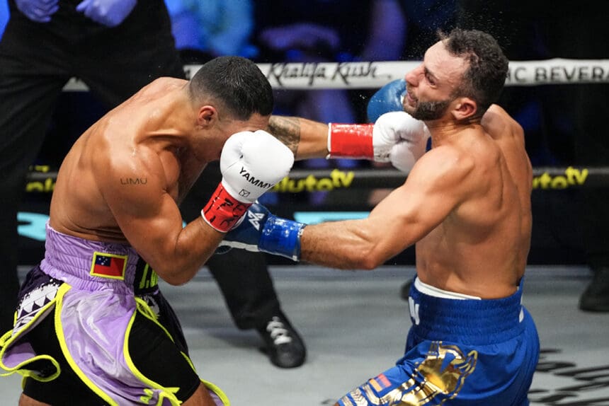Jai Opetaia became the first opponent to stop Noel Mikaelian, setting up a unification fight with David Benavidez. Photo: Al Powers/Zuffa Boxing via Getty Images.