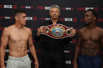 Giovani Santillan and Abass Baraou made weight at 153.8 pounds Thursday ahead of their super welterweight showdown on ProBox TV Friday in Oceanside, California. Photo: ProBox TV
