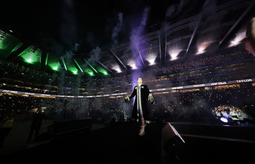 Katie Taylor made her final ring walk into Croke Park in Dublin on Saturday, and walked out into retirement as the undisputed super lightweight world champion. Photo: Mark Robinson, Matchroom Boxing