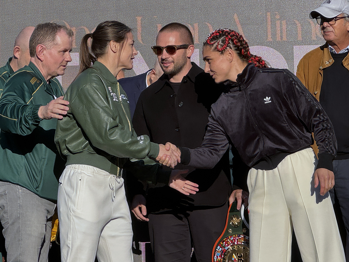 Every moment for Katie Taylor this week brings a final action - her last handshake with opponent Flora Pili before their fight on Saturday at Croke Park in Dublin. Photo: Gayle Lynn Falkenthal