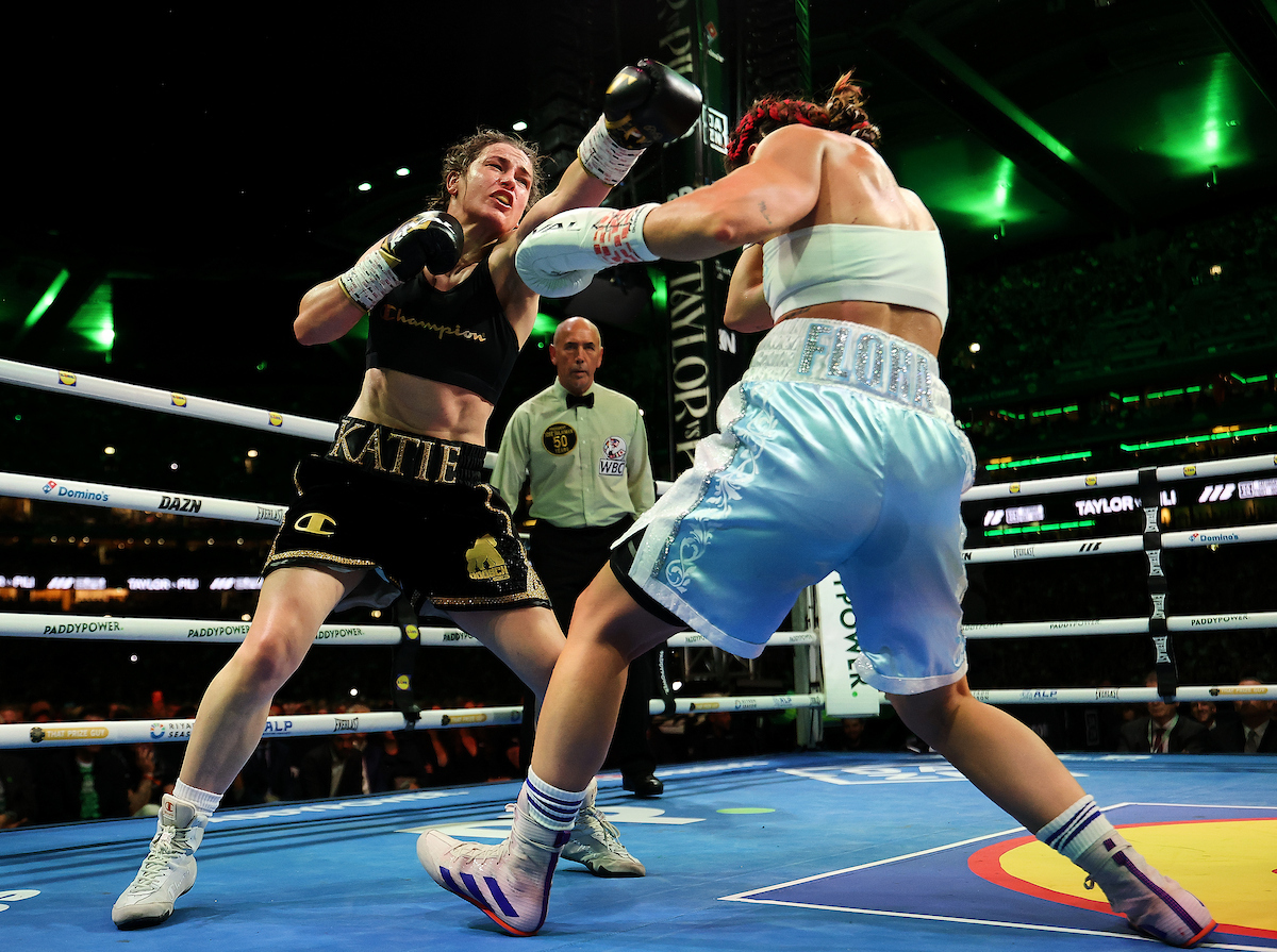 After all the flourishes, Katie Taylor had a fight to go about winning against Flora Pili. Photo: Mark Robinson, Matchroom Boxing.