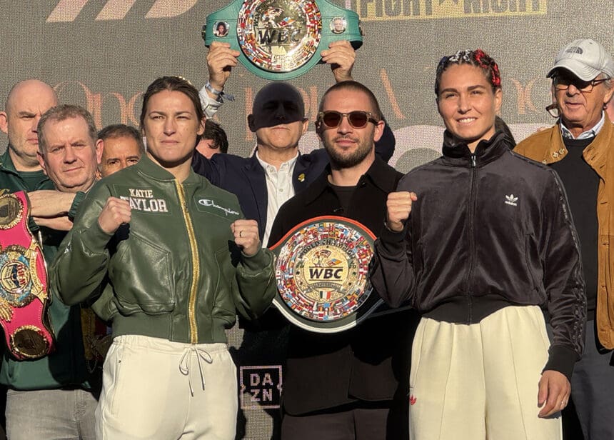 Katie Taylor and Flora Pili pose at the ceremonial weigh-in Friday at Dublin's Trinity College. Photo: Gayle Lynn Falkenthal